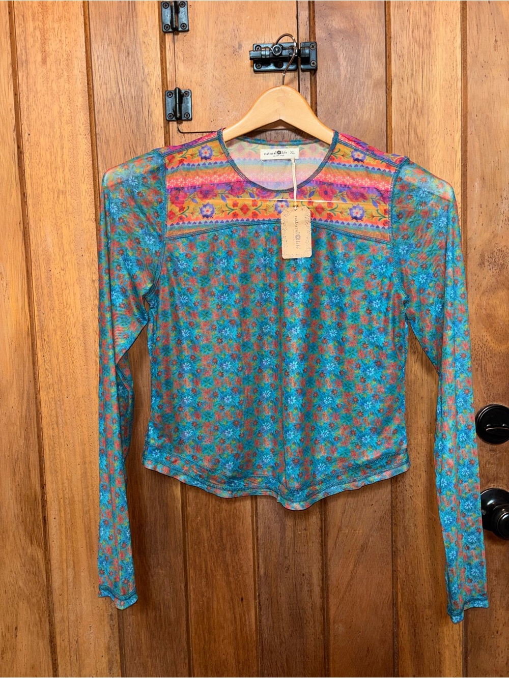 Natural Life Blue Floral Long-Sleeve Mesh Top